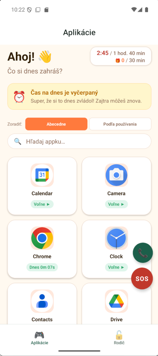 Hlavná obrazovka dieťaťa