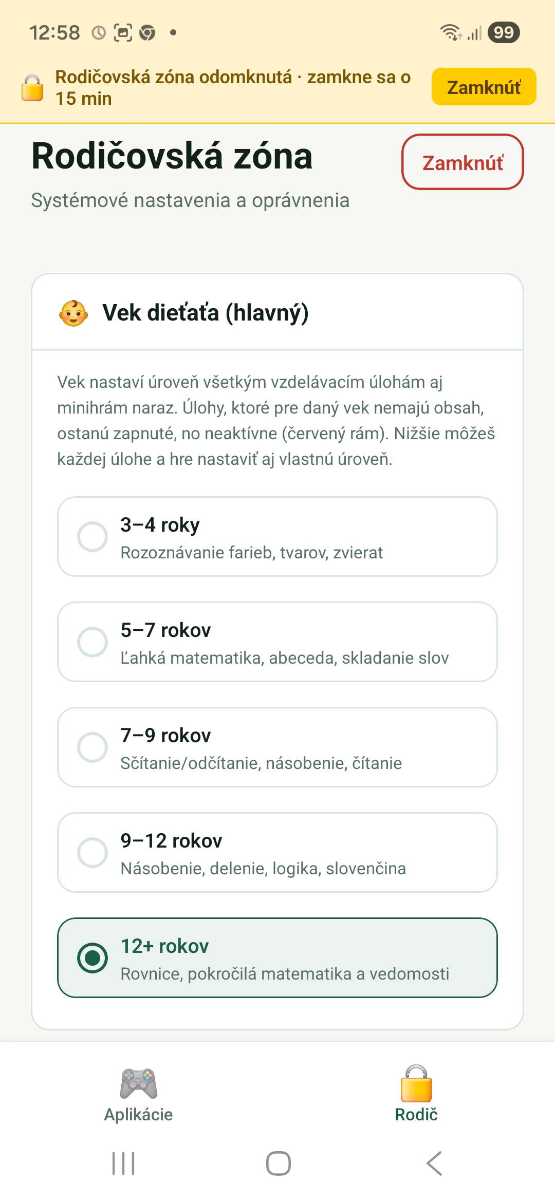 Nastavenie veku dieťaťa