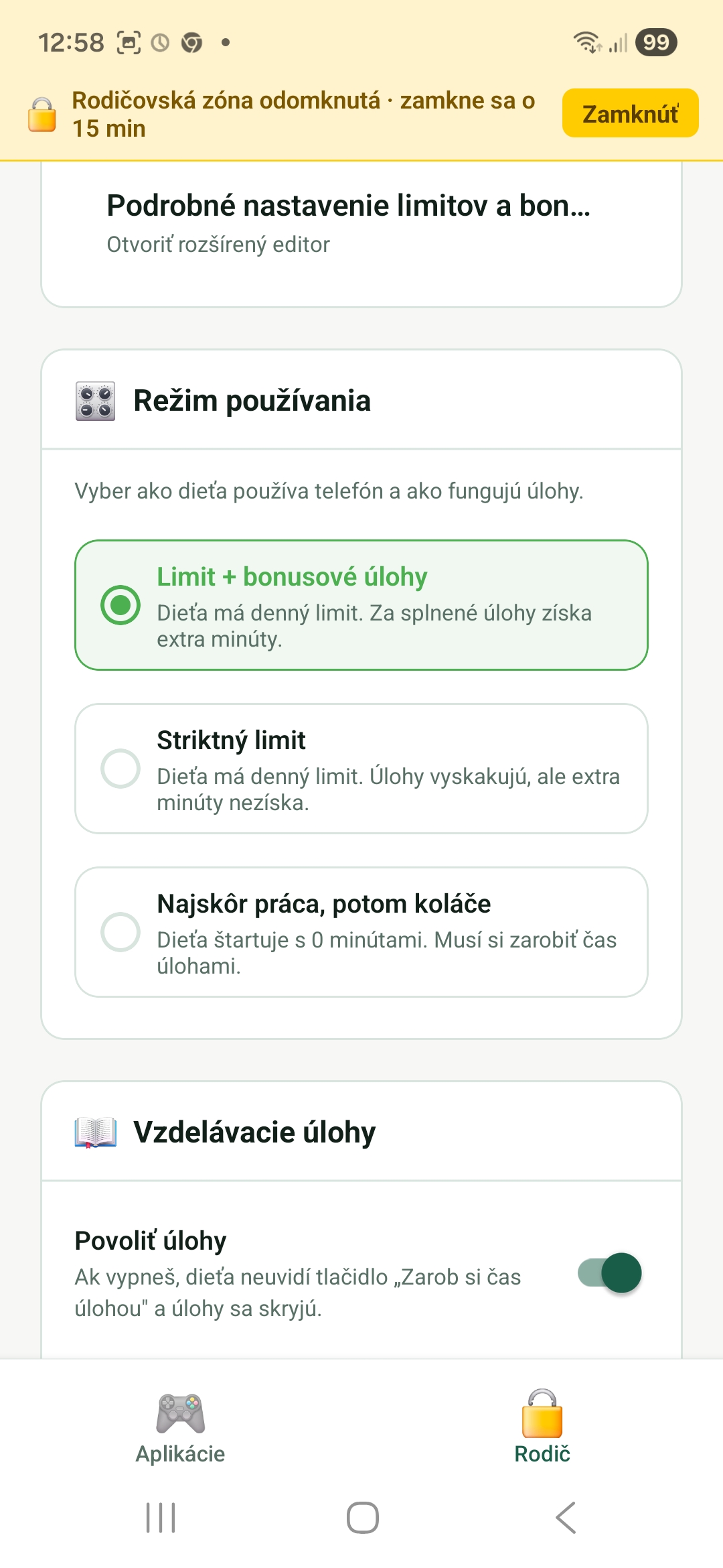 Nastavenie režimu aplikácie