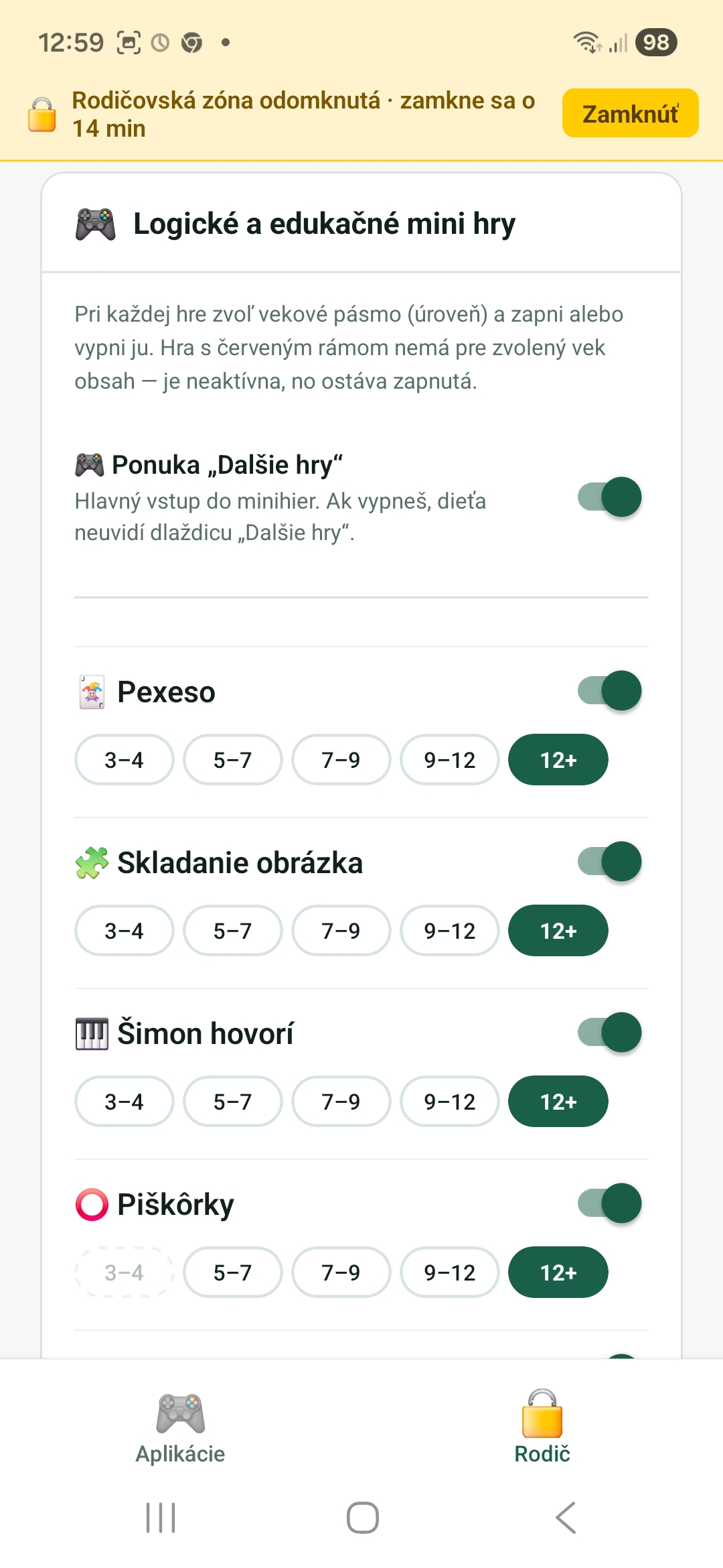 Zapínanie mini hier 1